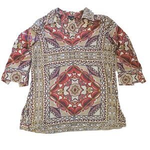 Talbots Multicolor Geometric Silk Linen 3/4 Sleeve Tunic Blouse sz 12 Minimalist
